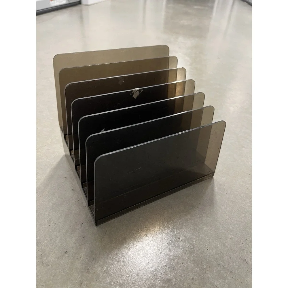 Vintage 1980s Black Smoke 6 Slot Incline Office Desk File Holder Sorter